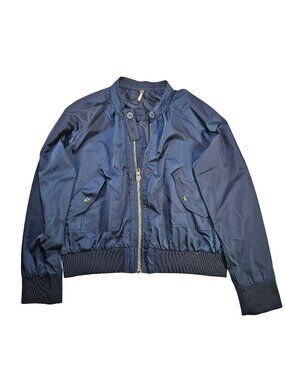 Free People Bomber Jacket Zipper Front & Button Collar Women's Size M Navy Blue
